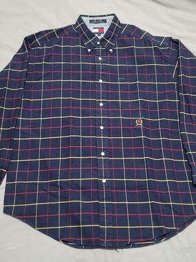 Tommy Hilfiger Men’s Navy Windowpane Button-Down Shirt Y2K Old Tag Size LARGE +